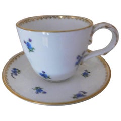 Antique Early 19th Century Meissen Porcelain Blue Flower Demitasse Cup and Saucer