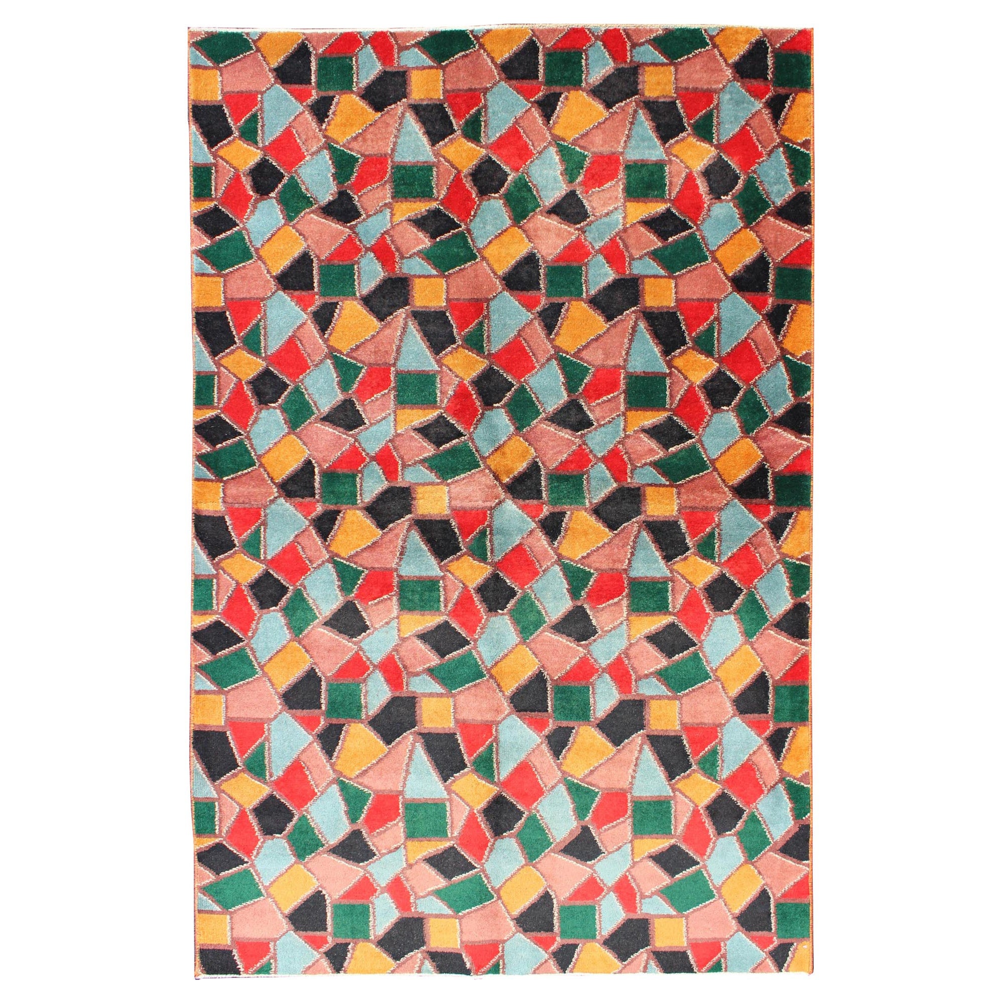 Mid-Century Modern Rug with Mosaic Design in Red, Yellow, Pink, Blue and Green