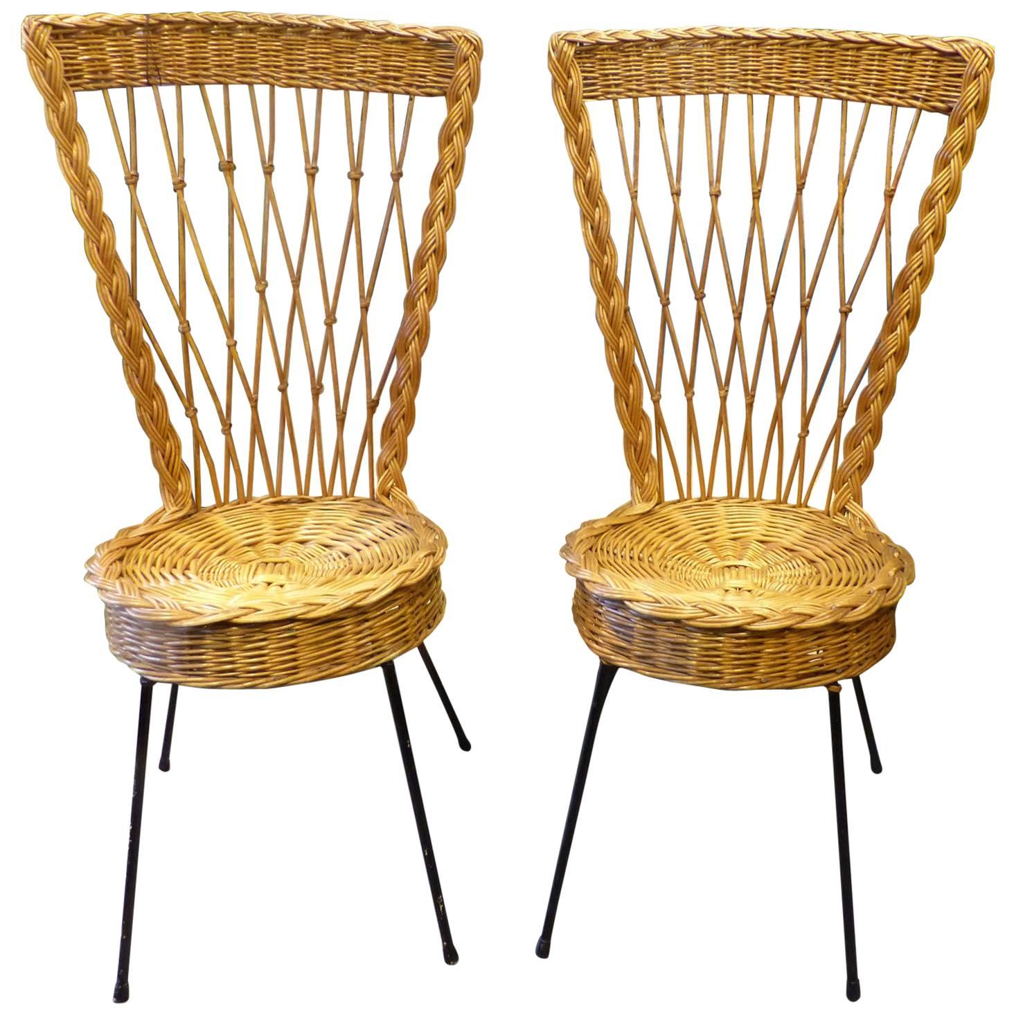 Beautiful Pair of 1960 French Wicker Chairs For Sale