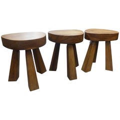 Beautiful Set of Three 1960 French Wood Stool in the Taste of Nakashima