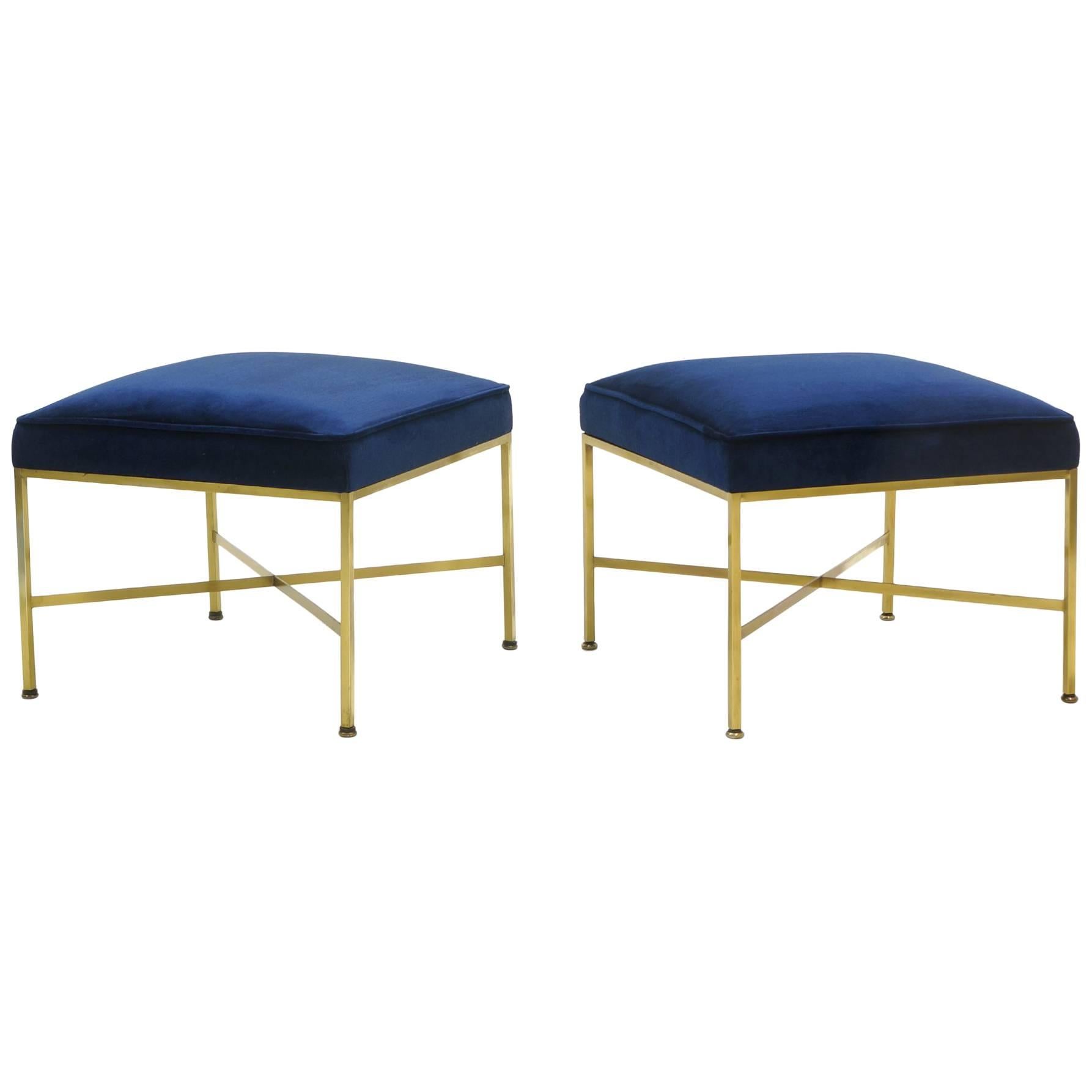 Pair of Paul McCobb Stools Solid Brass Frames and Cross Stretchers Excellent