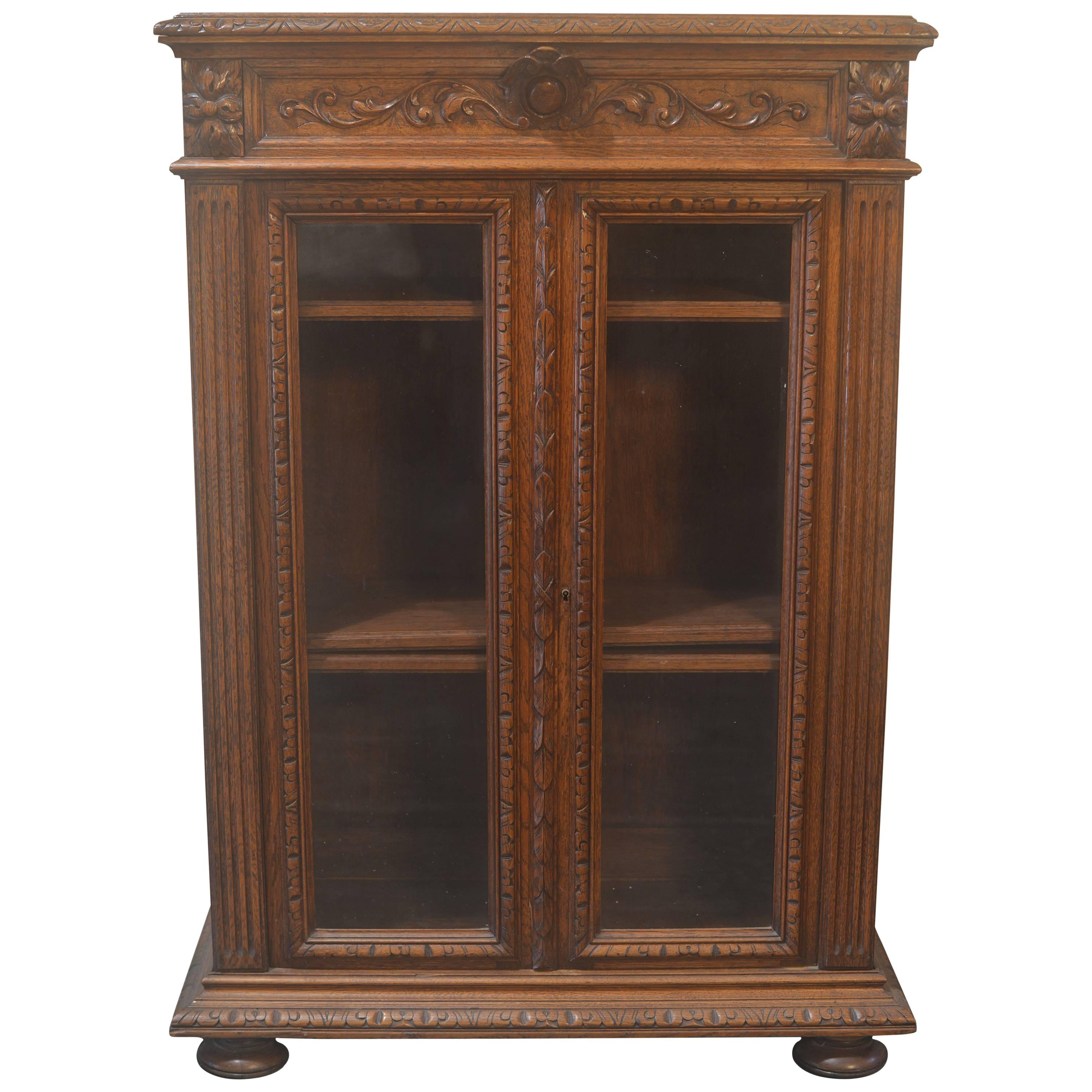 French Antique Carved Oak Bookcase Curio Cabinet