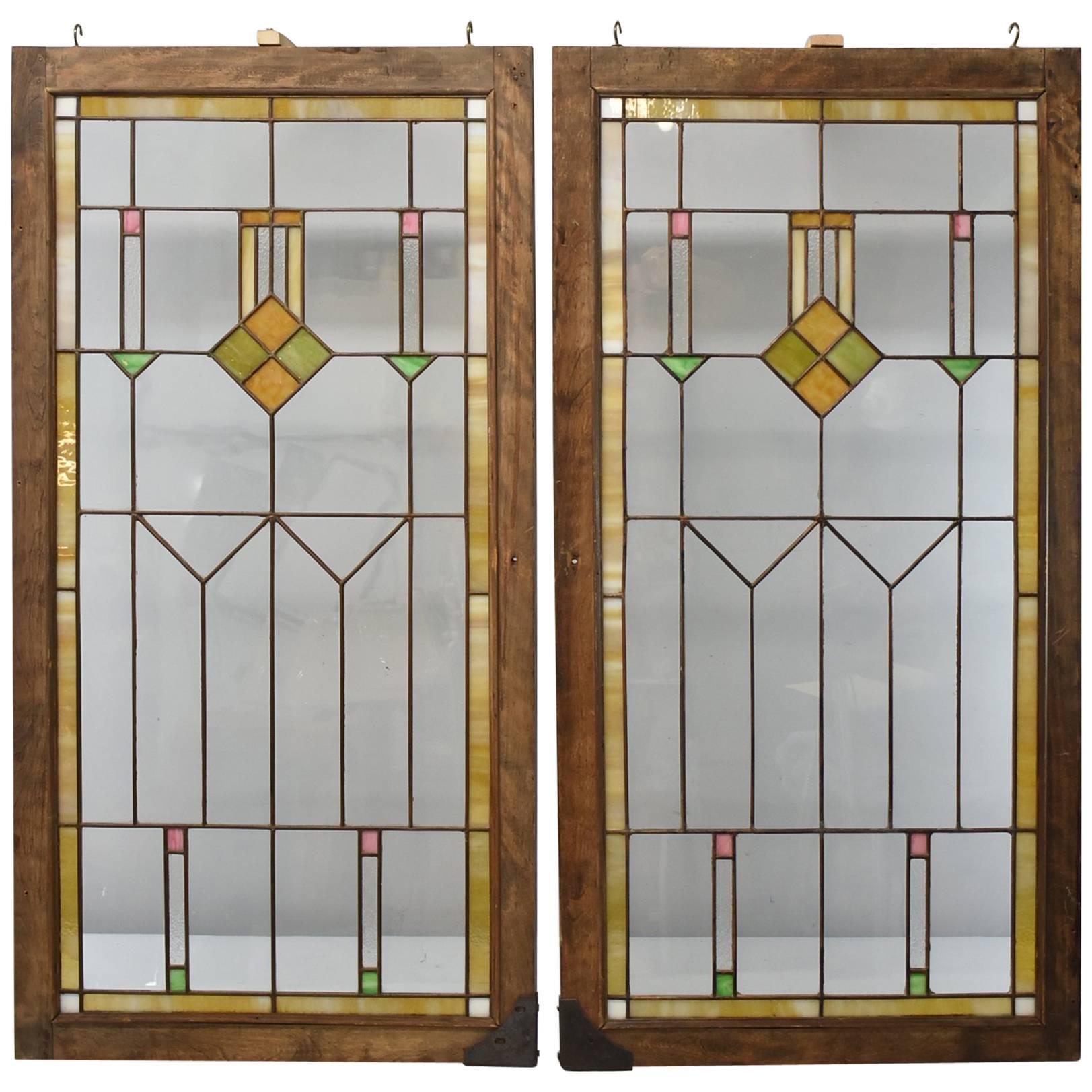 Pair of Arts & Crafts Prairie School Stained Glass Windows