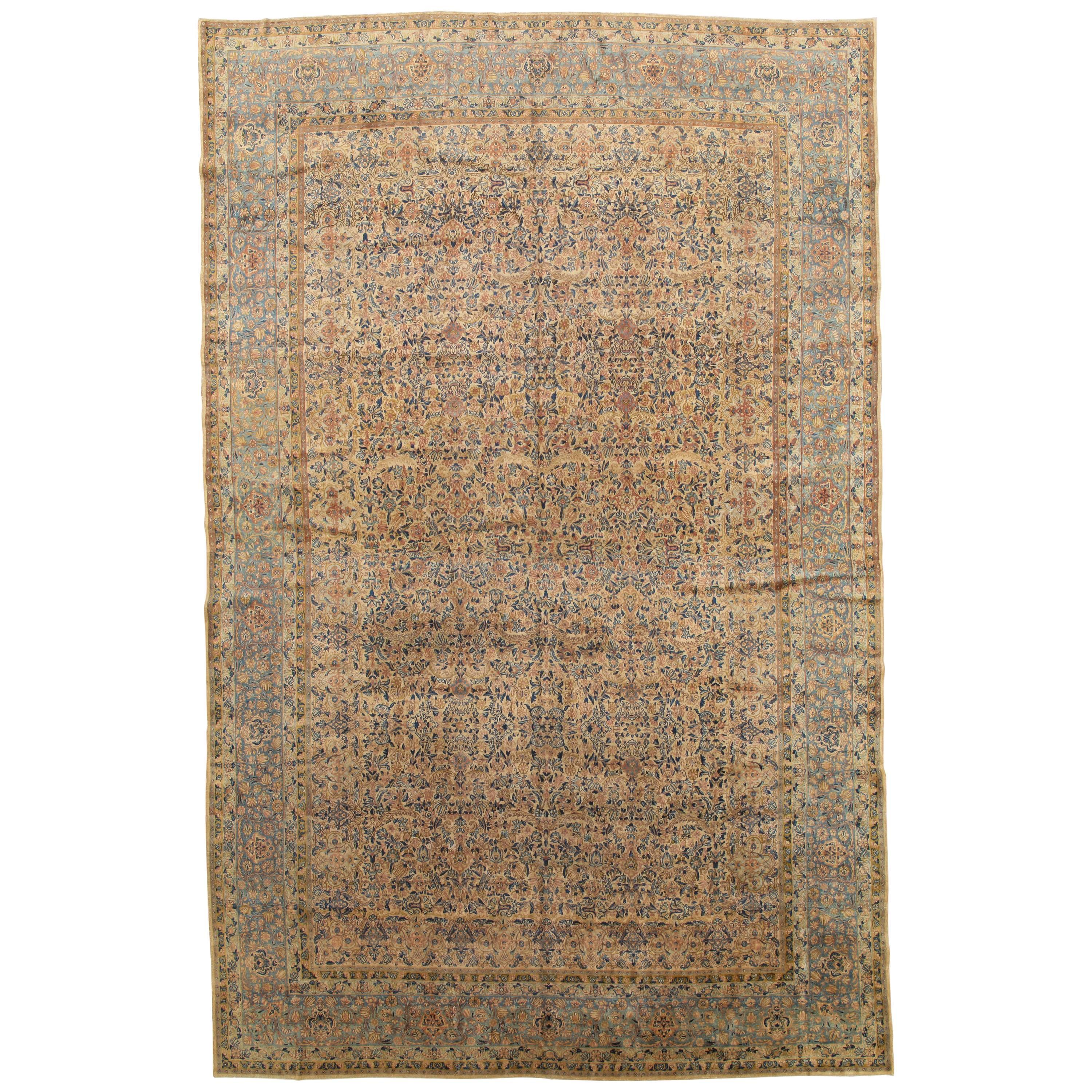 Tapis Kerman ancien, tapis persan fait à la main en laine, bleu, beige et pêche