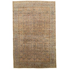 Antique Kerman Carpet, Handmade Persian Rug Wool Carpet, Blue, Beige and Peach