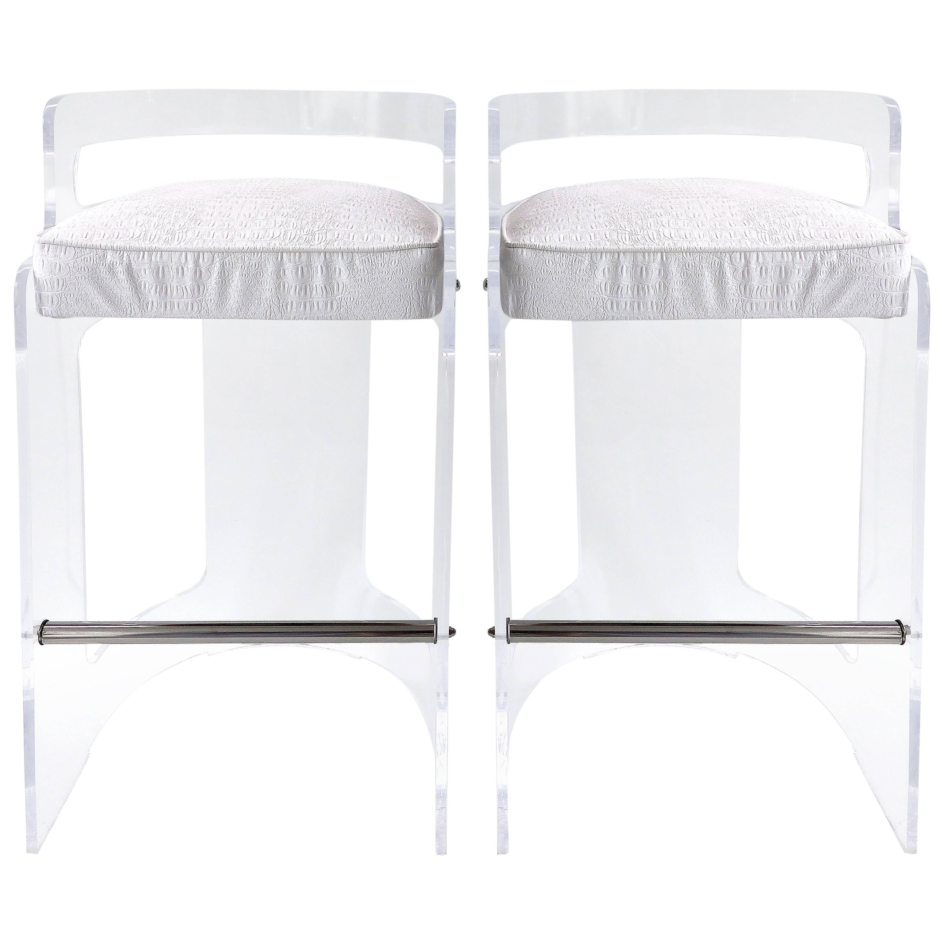 Lucite Barstools with Faux Crocodile Upholstery, Pair
