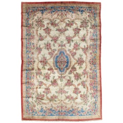 Antique Kerman Carpet, Handmade Persian Rug, Wool Carpet, Pink Red, Green, Ivory