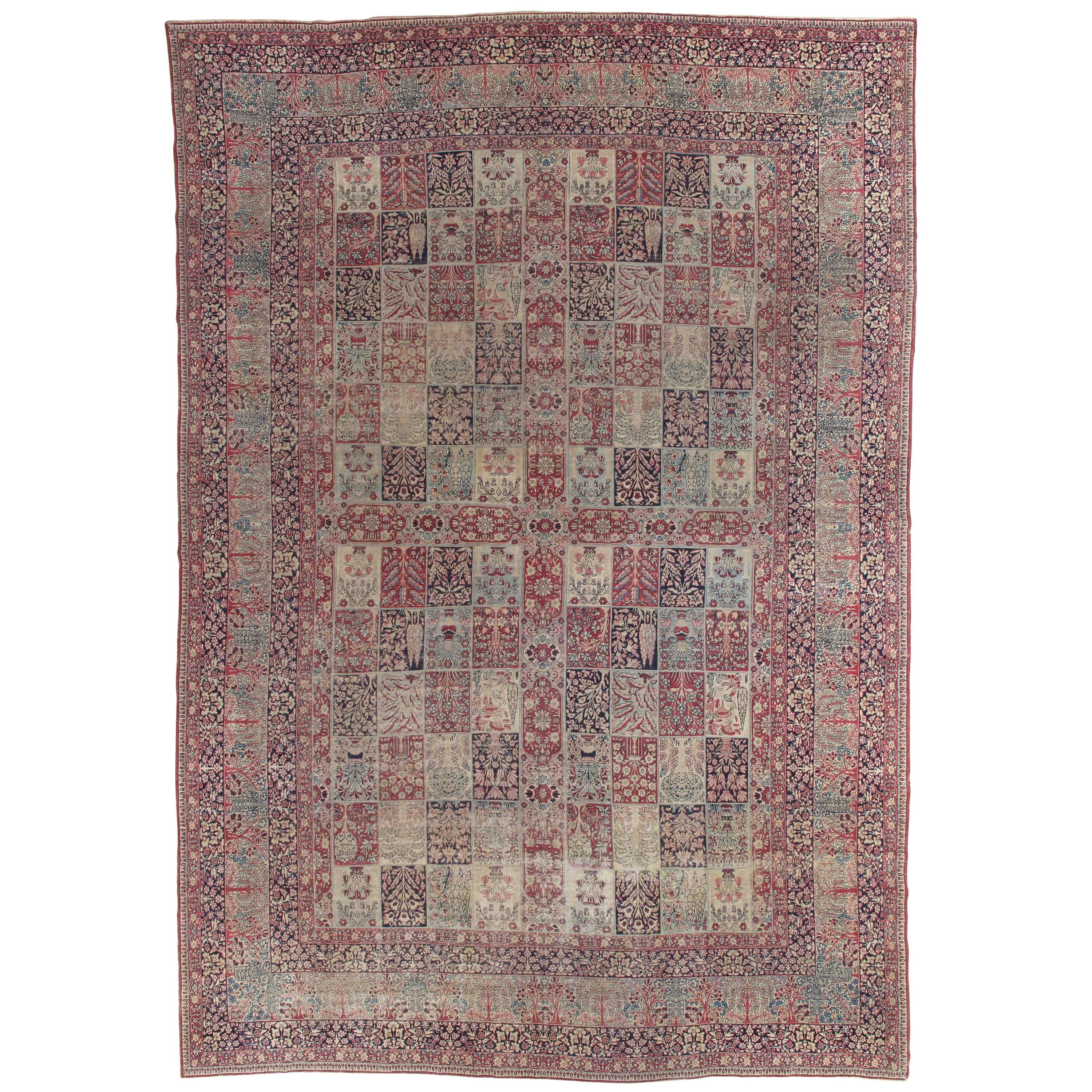 Antique Lavar Kerman Carpet, Handmade Wool Carpet, Multi-Color, Ivory, Red Wine