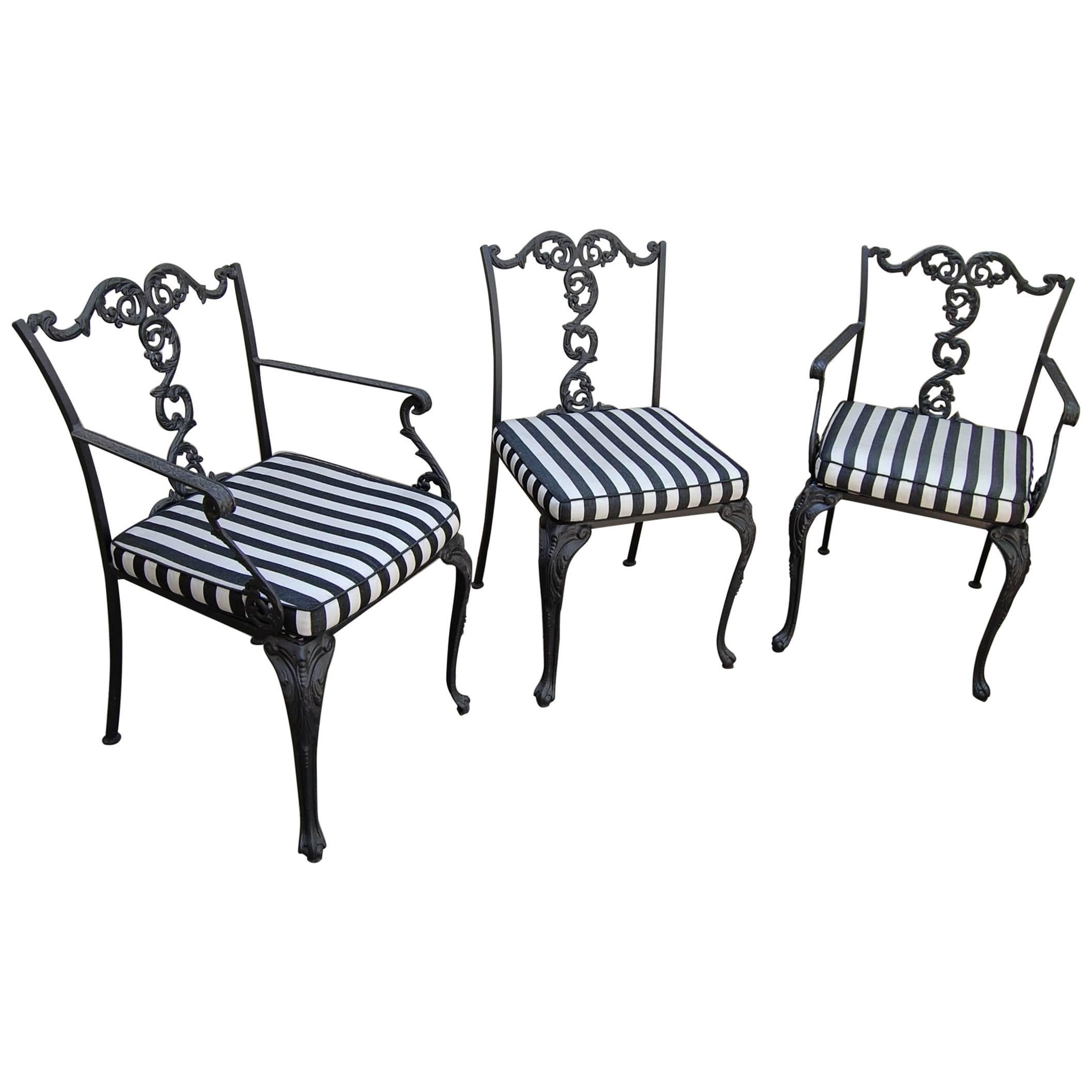 Set of Three American Cast Iron Chairs with Mesh Seats, Early 20th