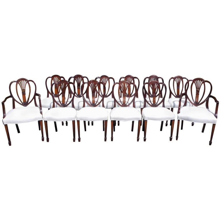 Set of 12 English Hepplewhite Mahogany Shield Back Dining Chairs, Circa