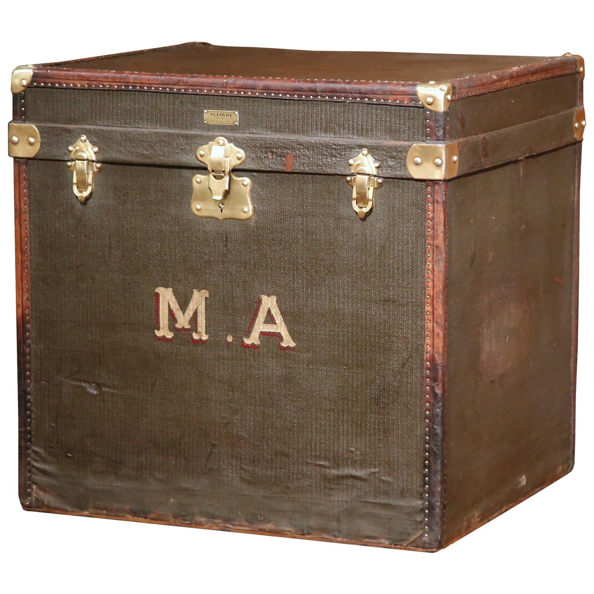 19th Century French Leather and Brass Trunk Luggage Signed Alligre Paris