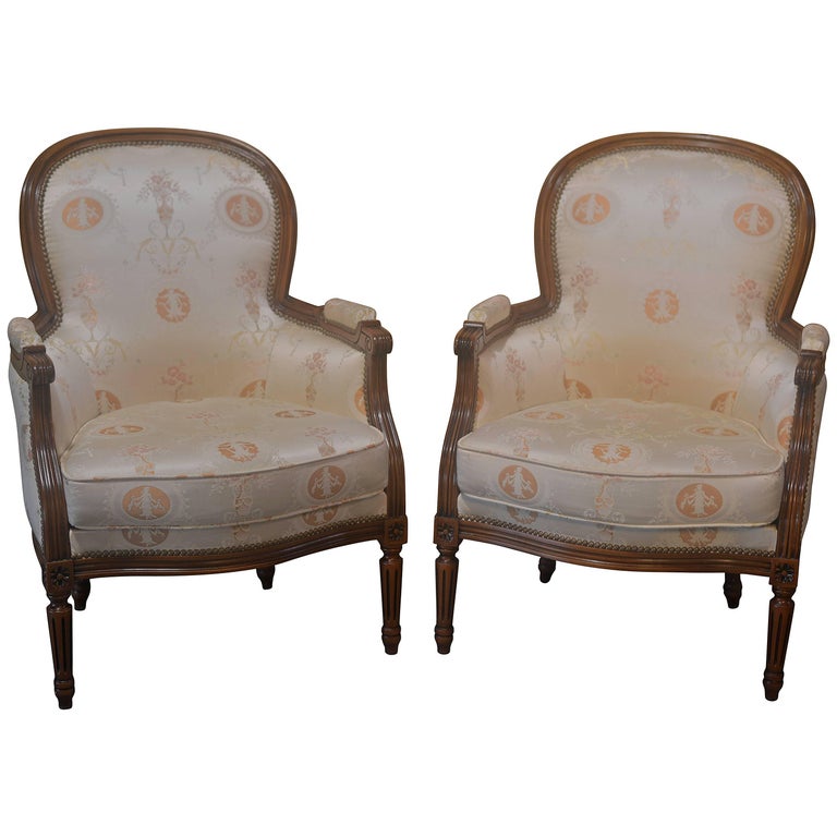 Pair of Louis XVI Style French Bergere Chairs For Sale at 1stdibs