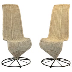 Marzio Cecchi 1970, Italian Pair of Black Lacquered and Beige Wicker Rope Chairs