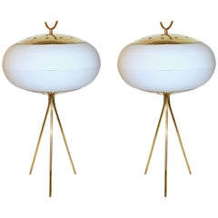 Italian, 1970s Pair of White Glass and Gold Brass Tripod Floor Table Lamps