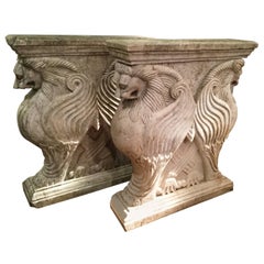 Pair of Carved Stone Lion Garden Table Base