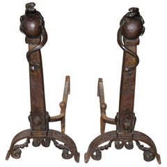 Exceptional Pair of Arts & Crafts Iron Andirons with Dragon Tops