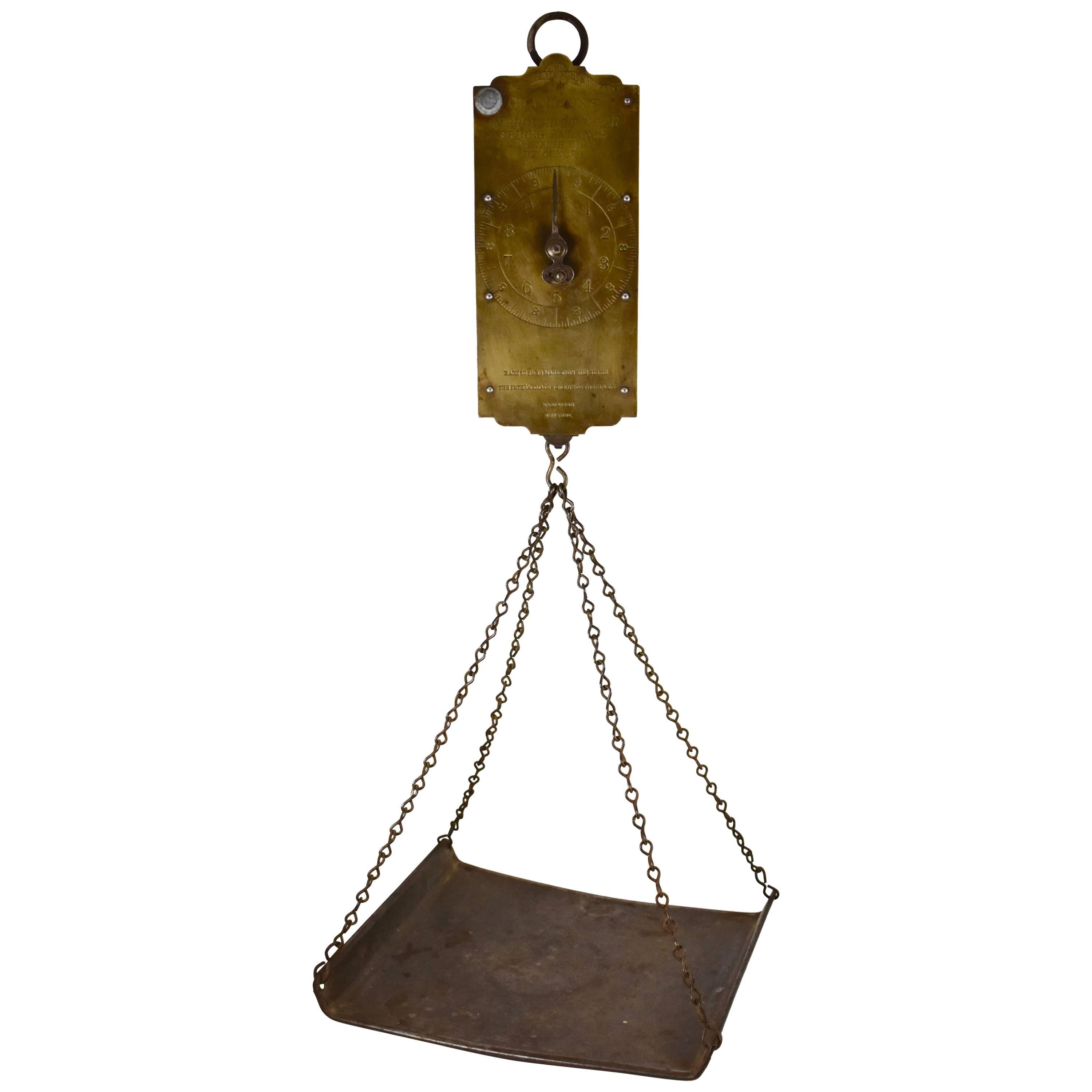 19th C. Chatillion Hanging Brass Mercantile 30 Lb. Scale with Galvanized Tray