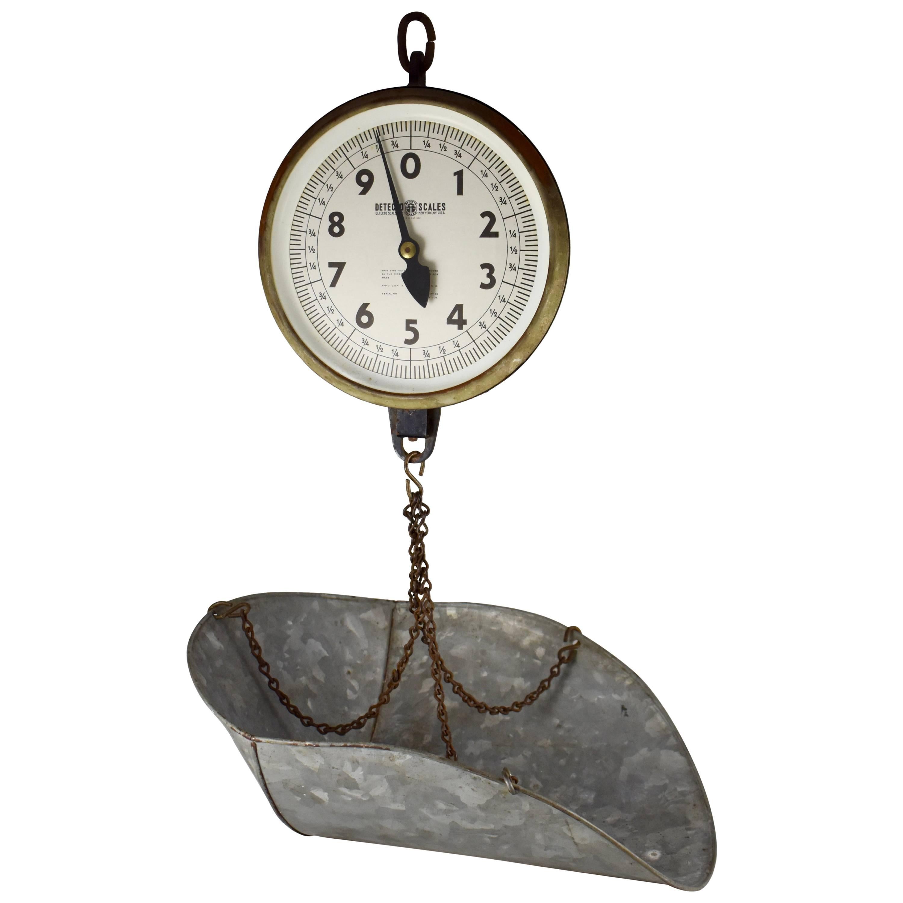 1930s Detecto Hanging Mercantile Produce Scale with Galvanized Steel Scoop