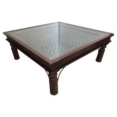 Anglo Indian Wooden Coffee Table with Iron and Glass