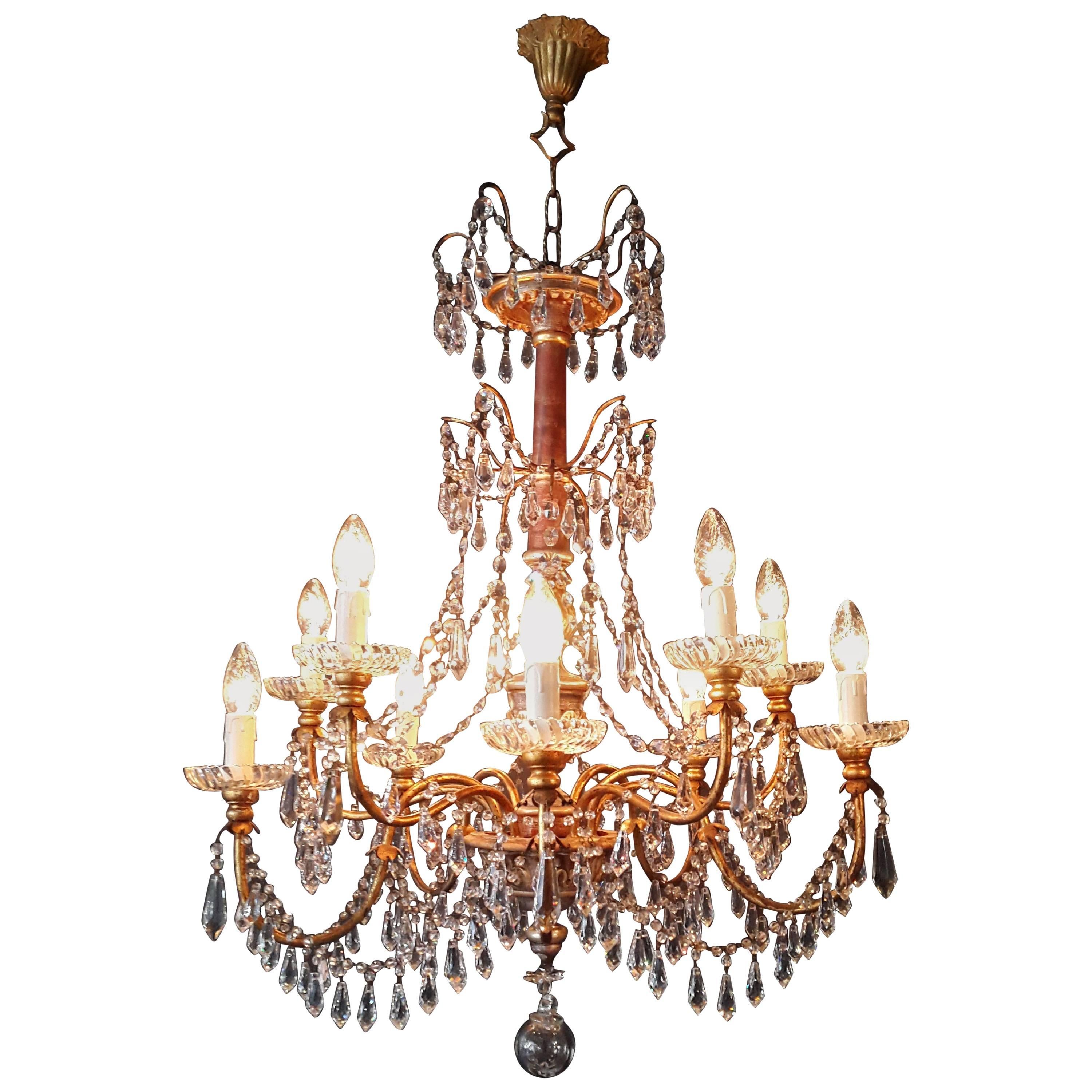 Antique Crystal Chandelier Lustre, 19th Century Wood