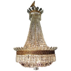 'Sac a Perle' Crystal Chandelier Lustre Antique Brass Ceiling Lamp 