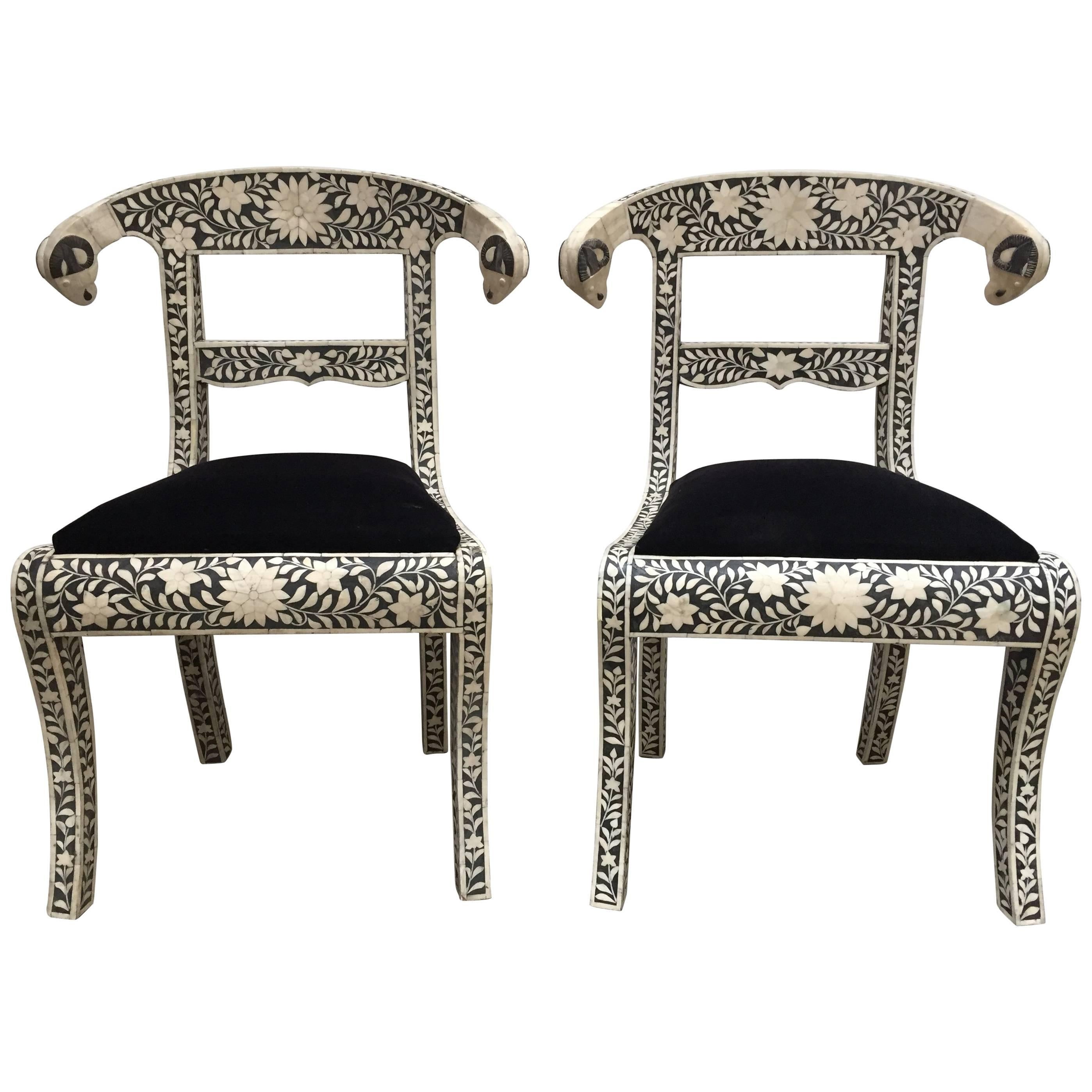 Anglo-Indian Mughal Bone Inlay Side Chairs with Ram's Head