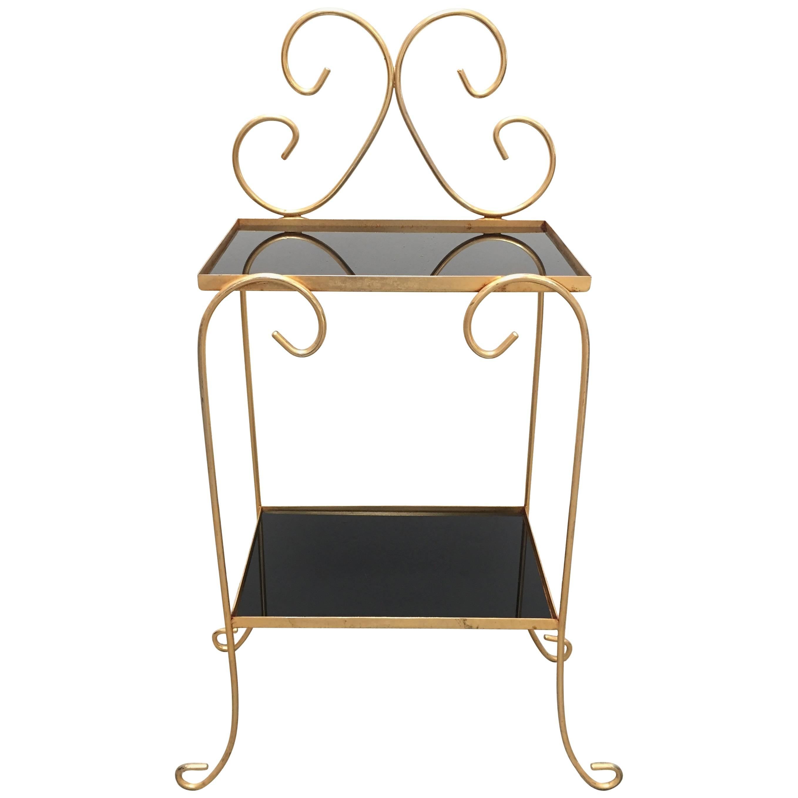 French Gilt Metal Side Table with Two-Tier Black Glass Shelves