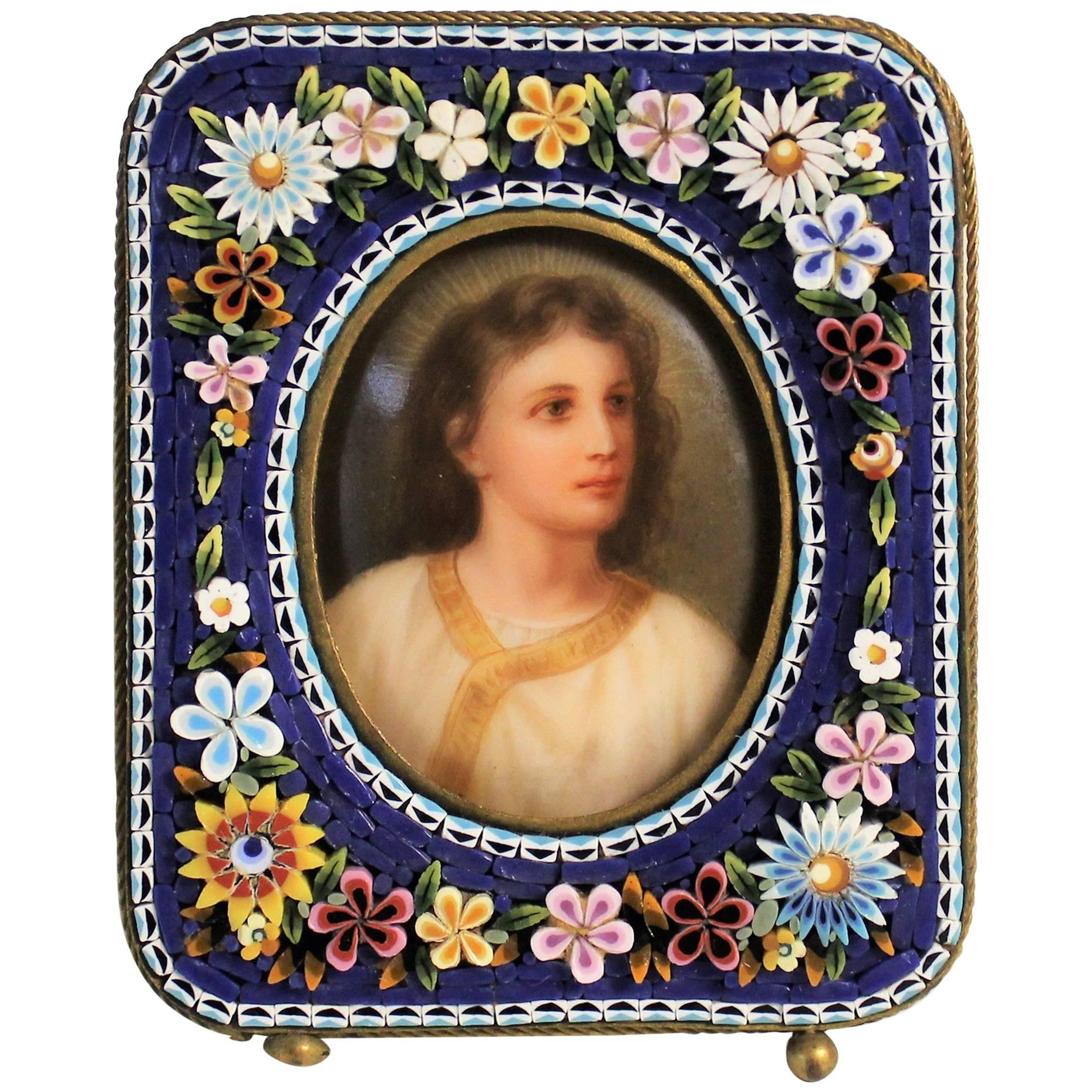 19th Century Portrait Miniature Painting in Micro Mosaic Frame