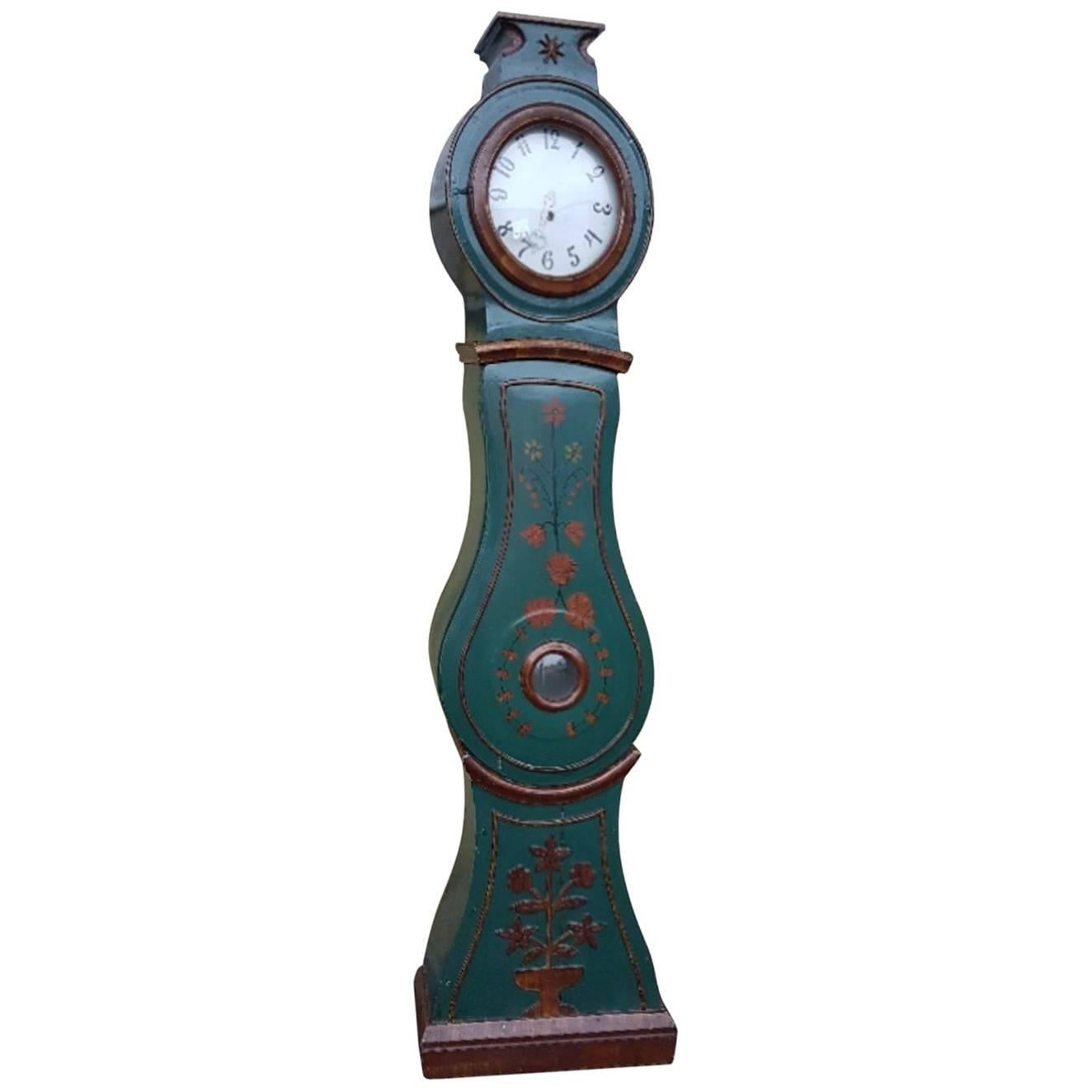 Antique Swedish Mora Clock Blue & Red Carved Detail Hand-Painted Early 1800s 