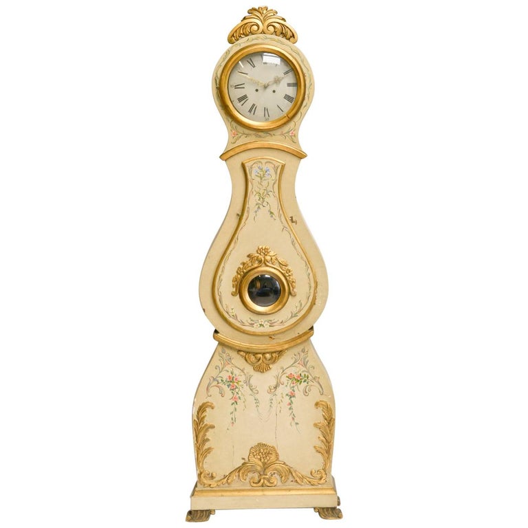 Early 1800s Antique Swedish Mora Clock Blue Paint Carved Detail Hand Antique Swedish Mora Clock Gilt Carved Detail Hand Painted Early 1800s