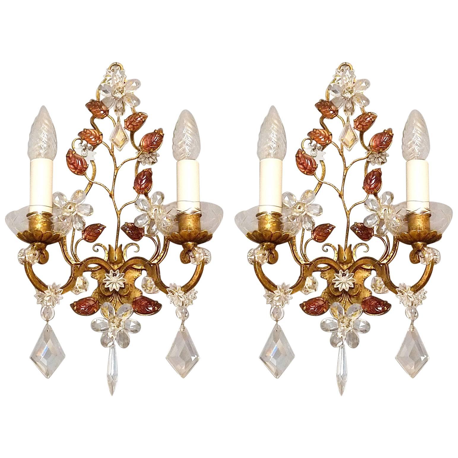 Great Pair of Maison Baguès Style Flower Leaf Sconces Gilt Faceted Crystal Glass