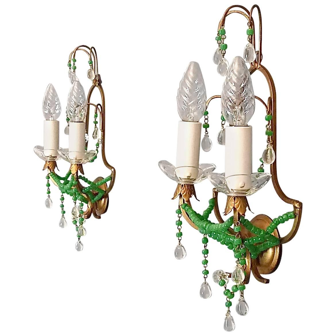 Pair Signed Sconces Italian Floral Gilt Metal Crystal Jade Green Murano Glass