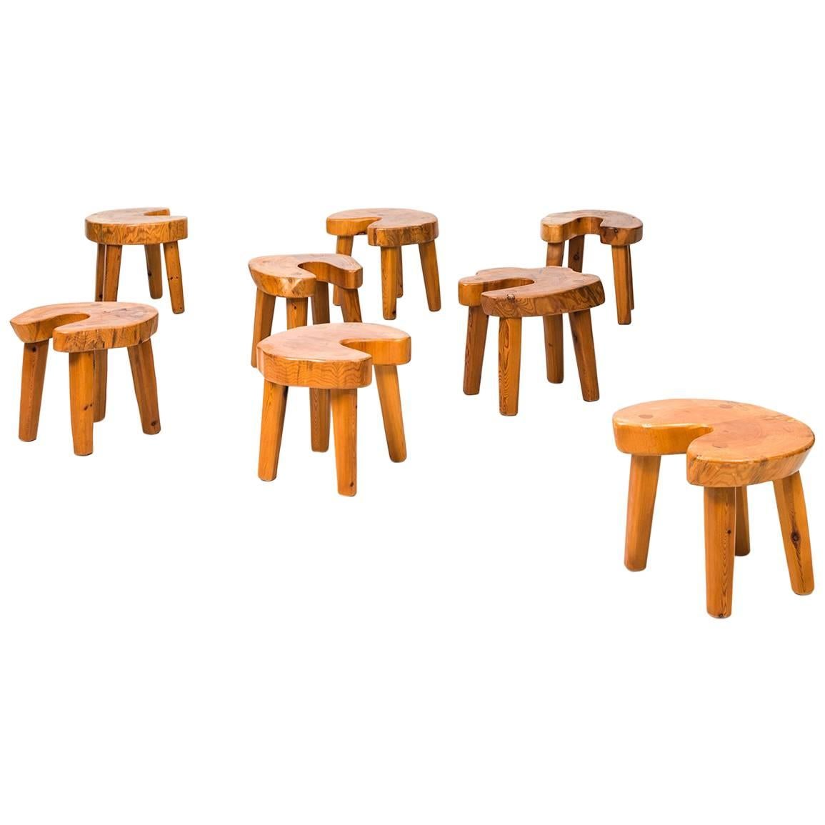 Set of Eight Brutalist Stools in Solid Pine Produced in Sweden