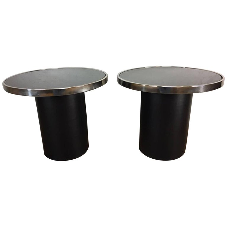 Design Institute of America DIA Black Glass and Chrome Side Table, Pair