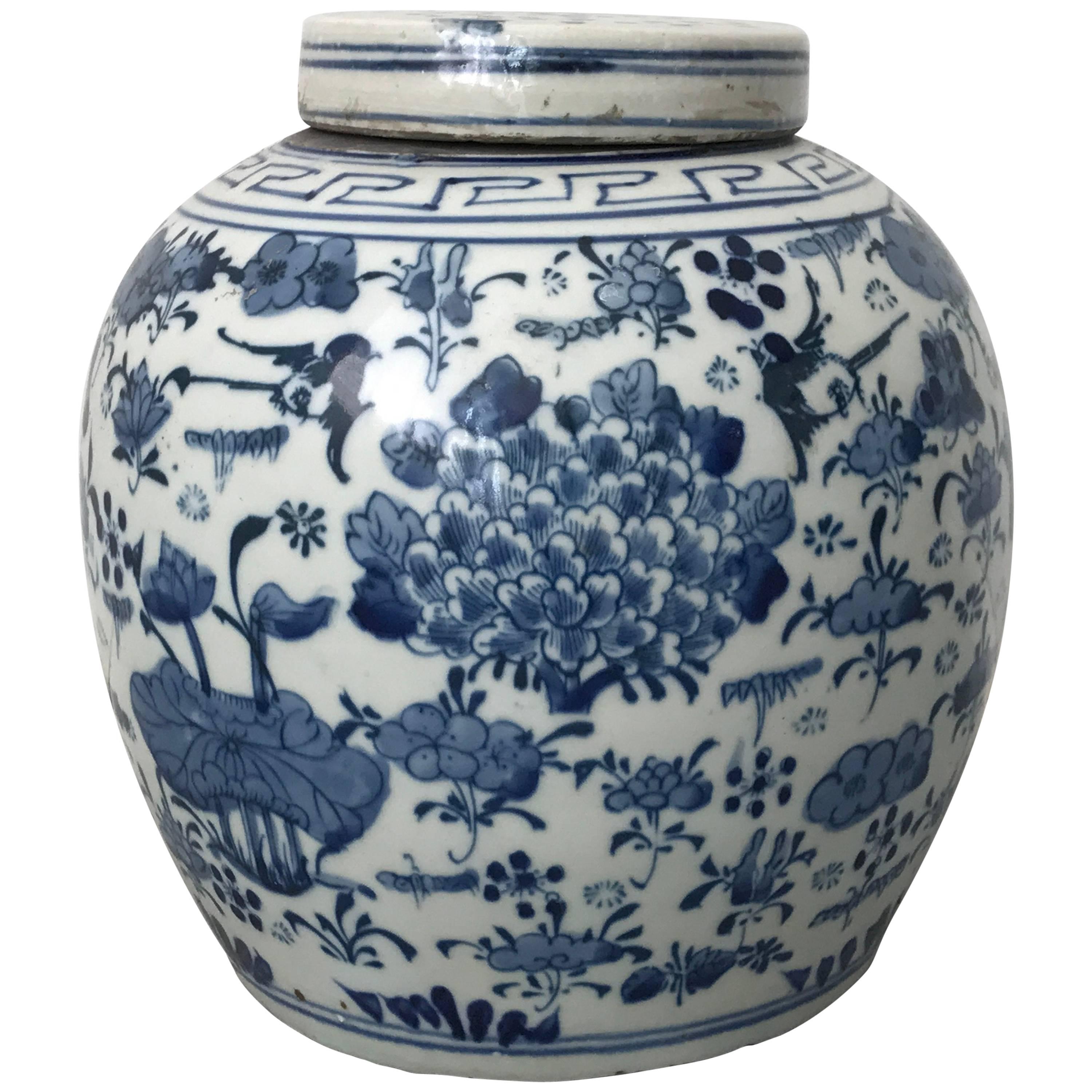 19th Century Asian Blue and White Ginger Jar with Cherry Blossom Tree Motif