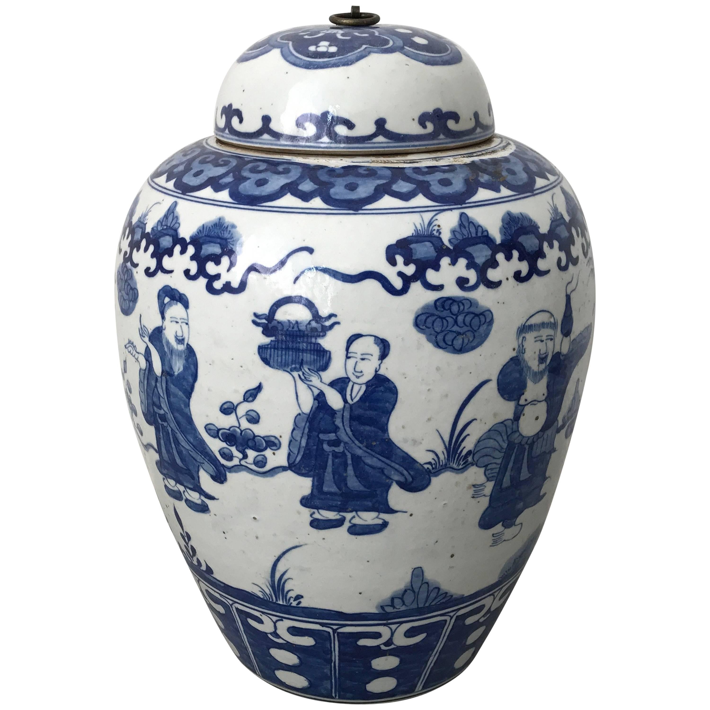 Large Asian Blue and White Ginger Jar Urn with Ornate Scenery and Handle For Sale