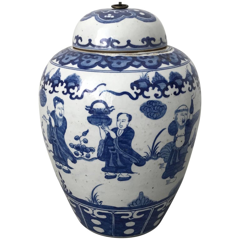 1950s Large Asian Blue and White Ginger Jar Urn with Ornate Scenery and
