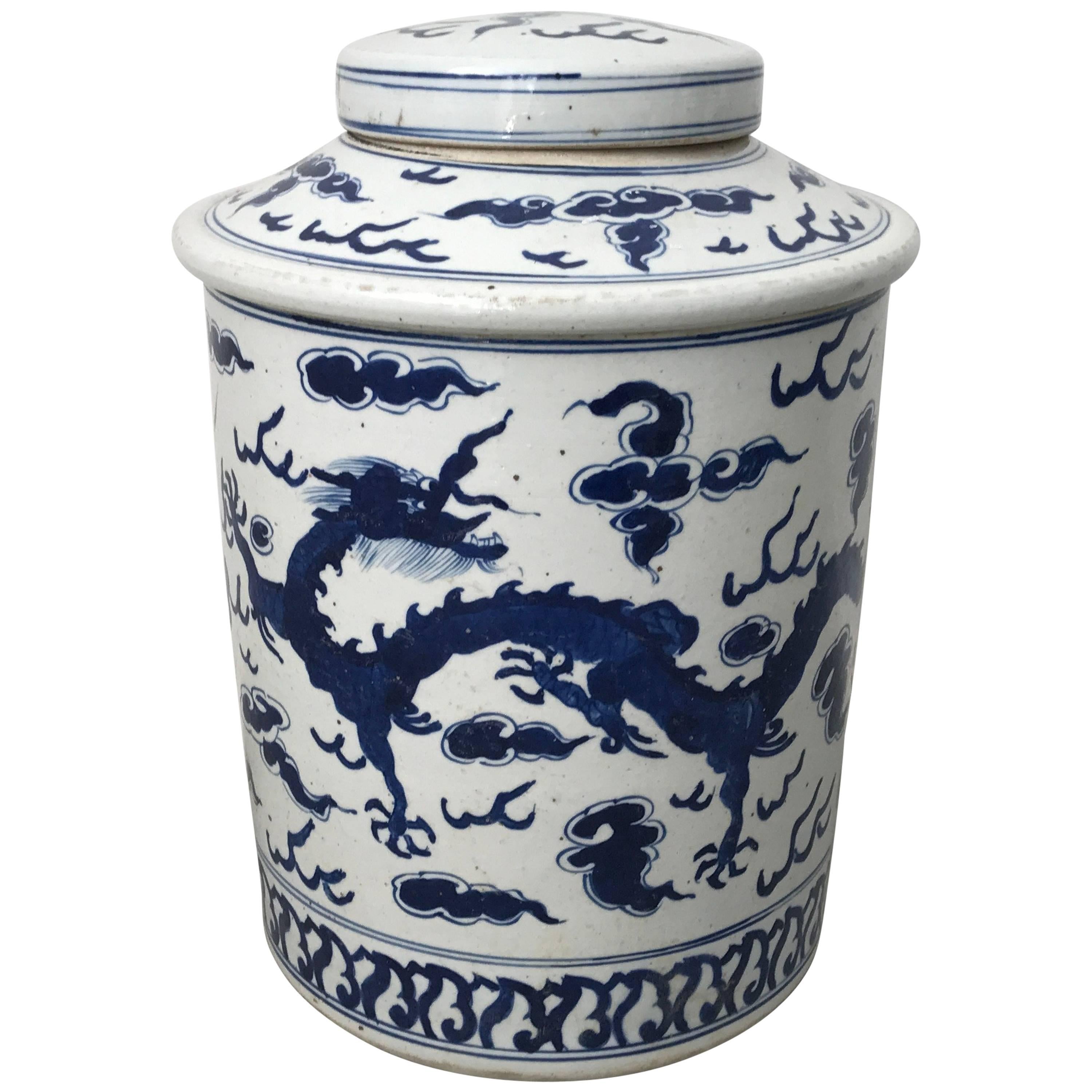 19th Century Blue and White Ginger Jar Urn with Dragon Motif For Sale