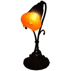French Art Glass Table Lamp Wrought Iron by Charles Schneider