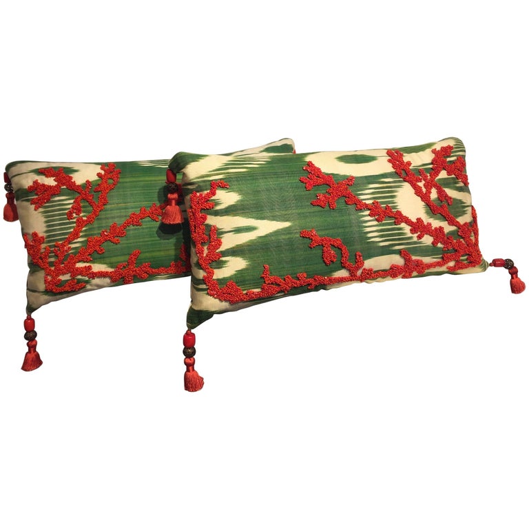 Decorative Silk Cushions Coral In Hand Embroidery On Vintage Ikat