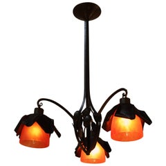 French 1920s Art Glass and Iron Chandelier French 1920s Art Glass and Iron Chandelier