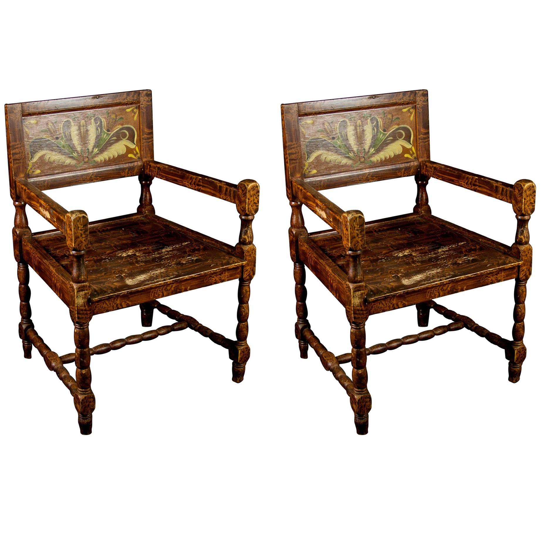 Antique Swedish Folk Art Countrry Carver Chairs in Kurbits Faux Wood Grain