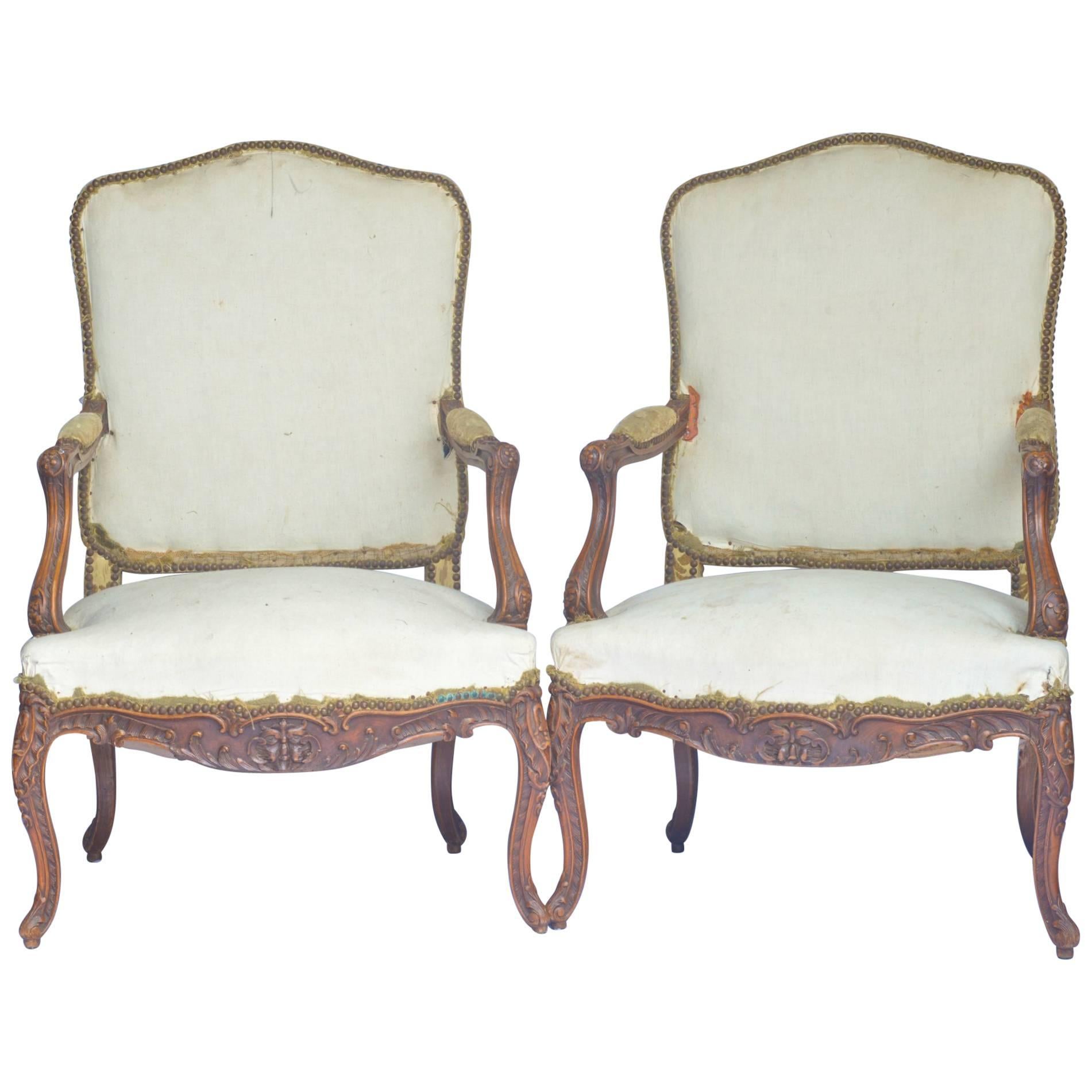 French Armchairs Bergere Fauteuil Rococo Carved Upholstered 19th Century