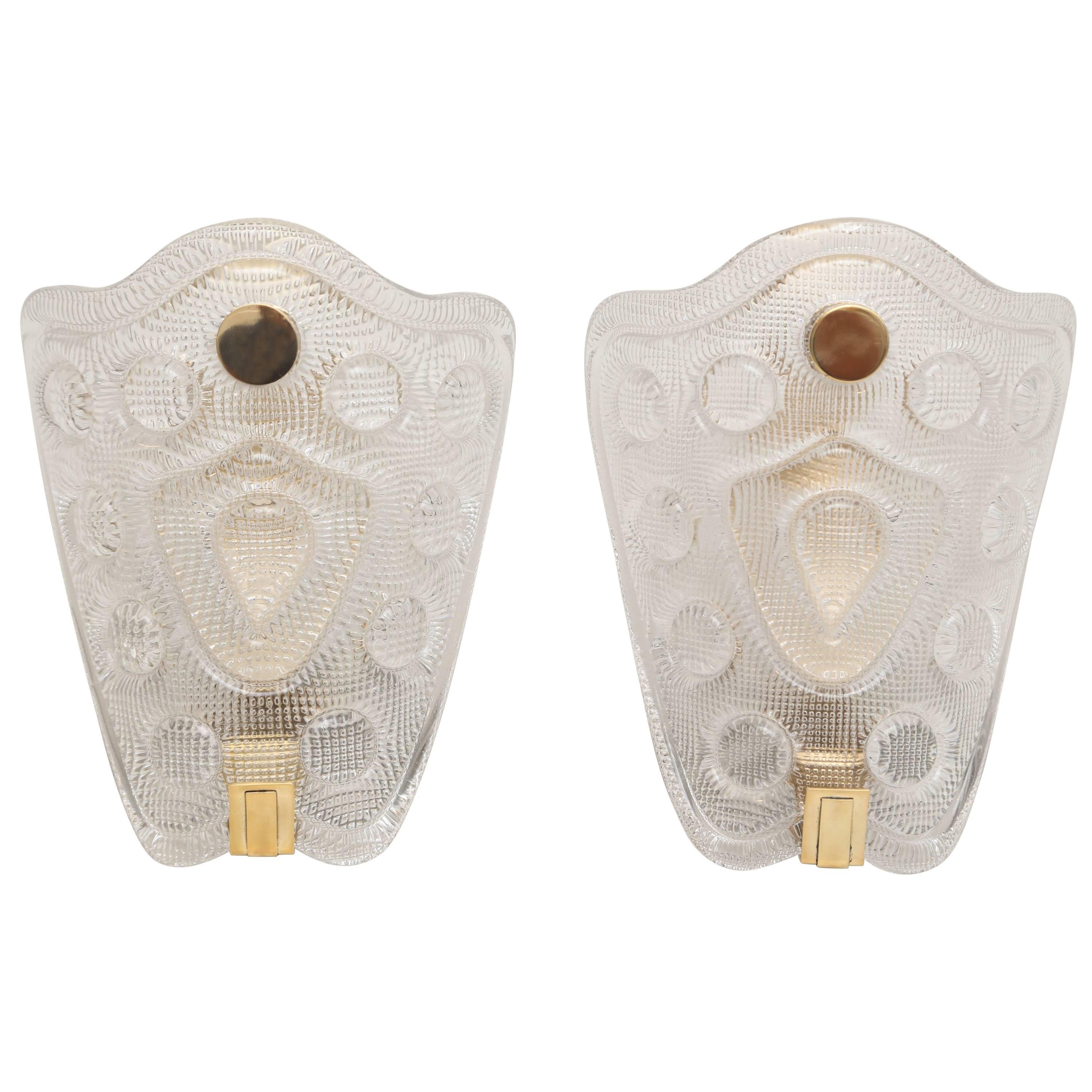 Pair of Orrefors by Carl Fagerlund Shield Crystal Wall Sconces, circa 1960s For Sale