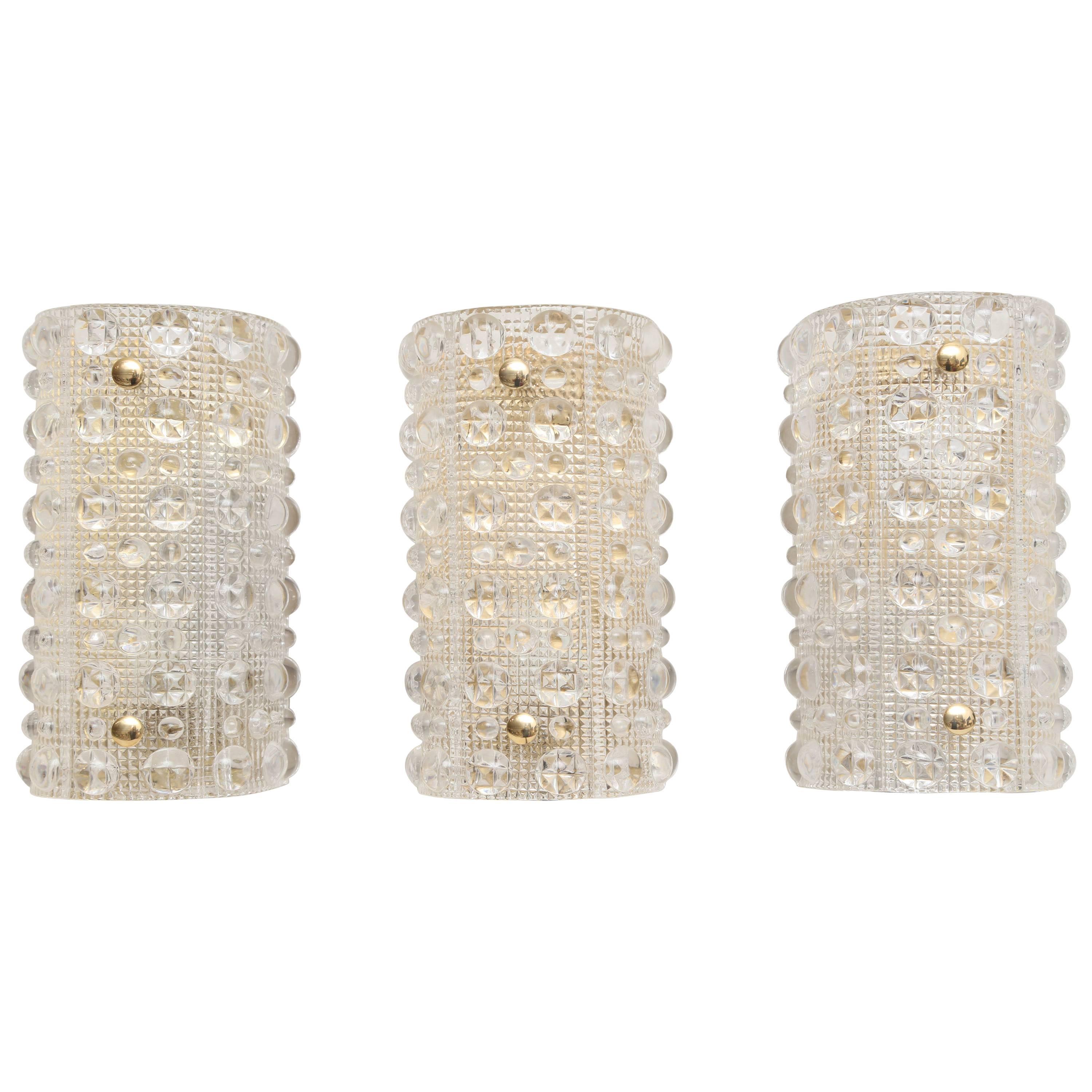 Set of Three Carl Fagerlund for Orrefors Sweden Crystal Wall Sconces, circa 1960 For Sale