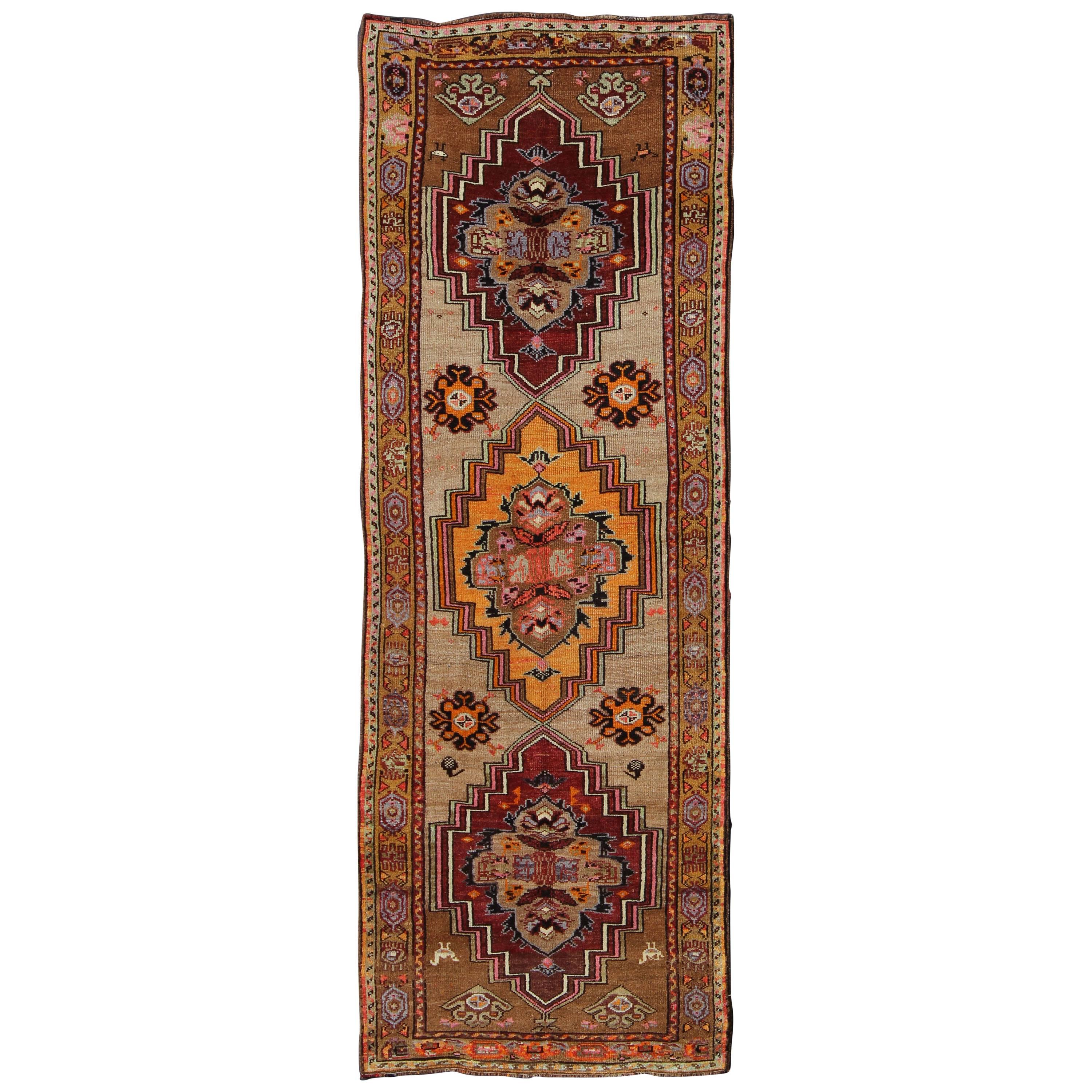 Vintage Turkish Oushak Runner with Three Medallions in Maroon, Gold, and Taupe