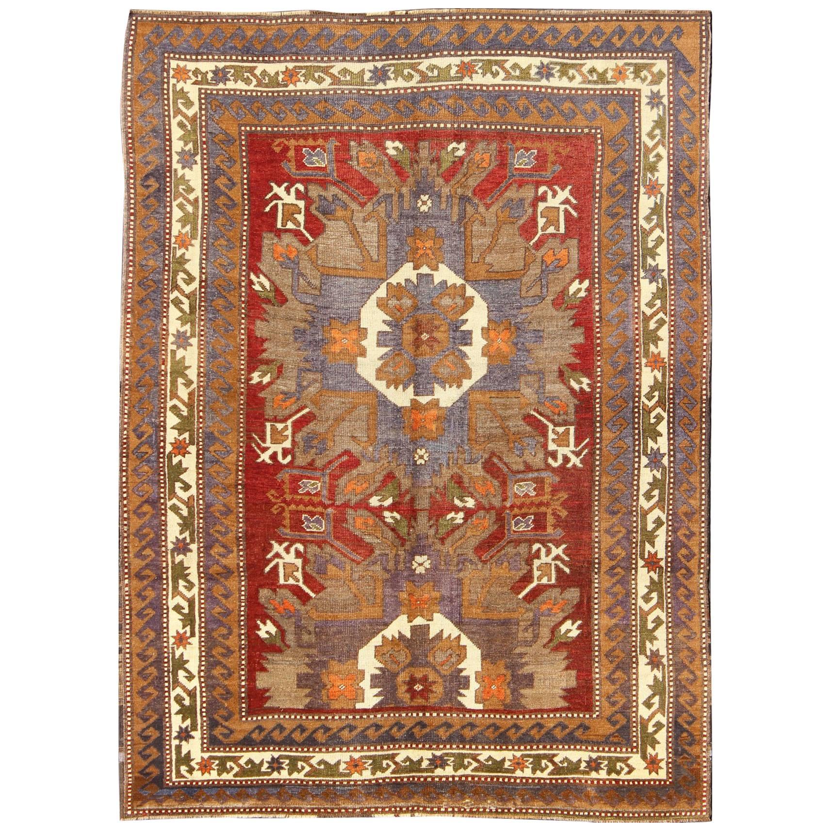 Large Turkish Vintage Oushak Rug with Medallions in Red, Taupe, Olive and Gray