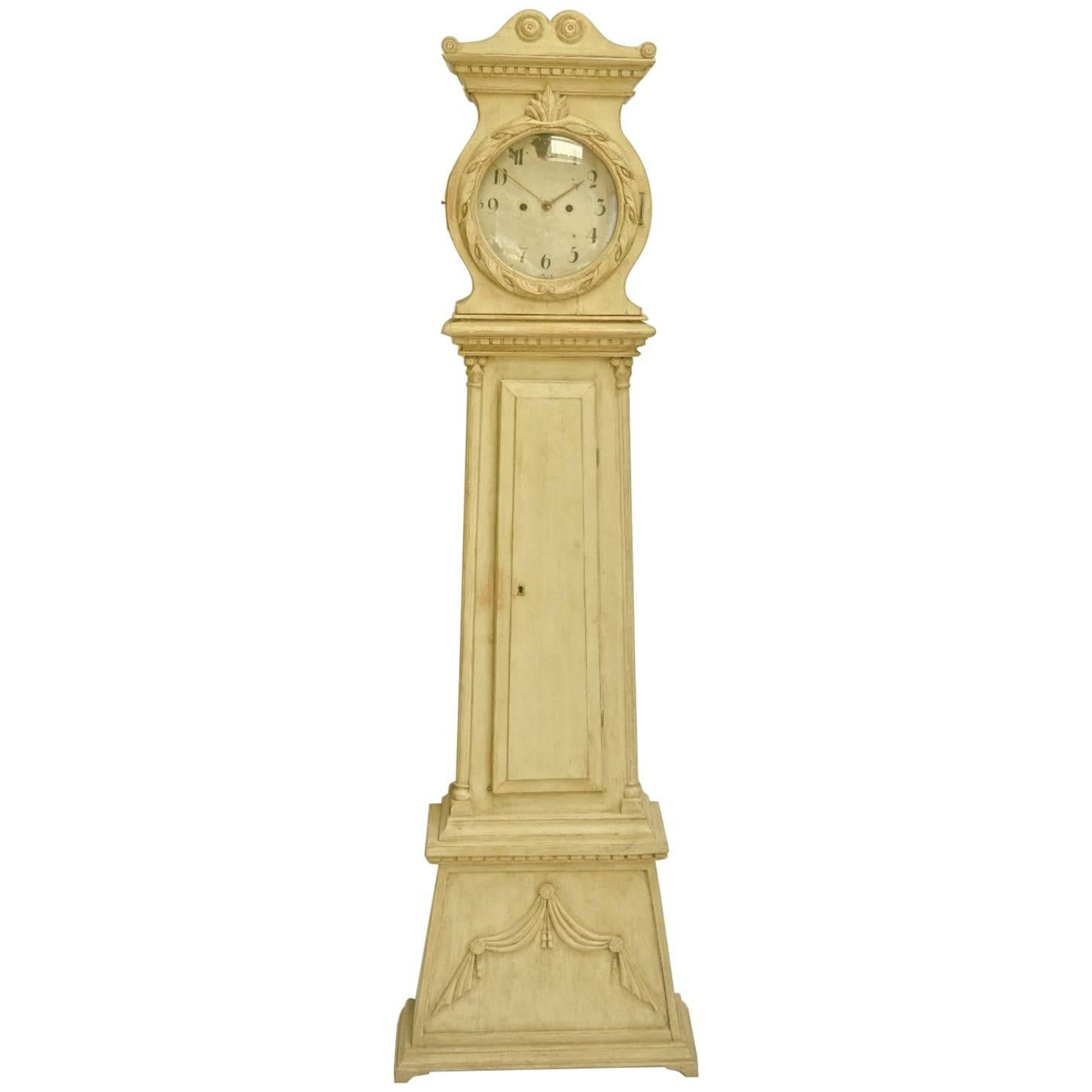 Swedish Gustavian Mora Clock Early 1800s Carved Detail Swag and Wreath Off White