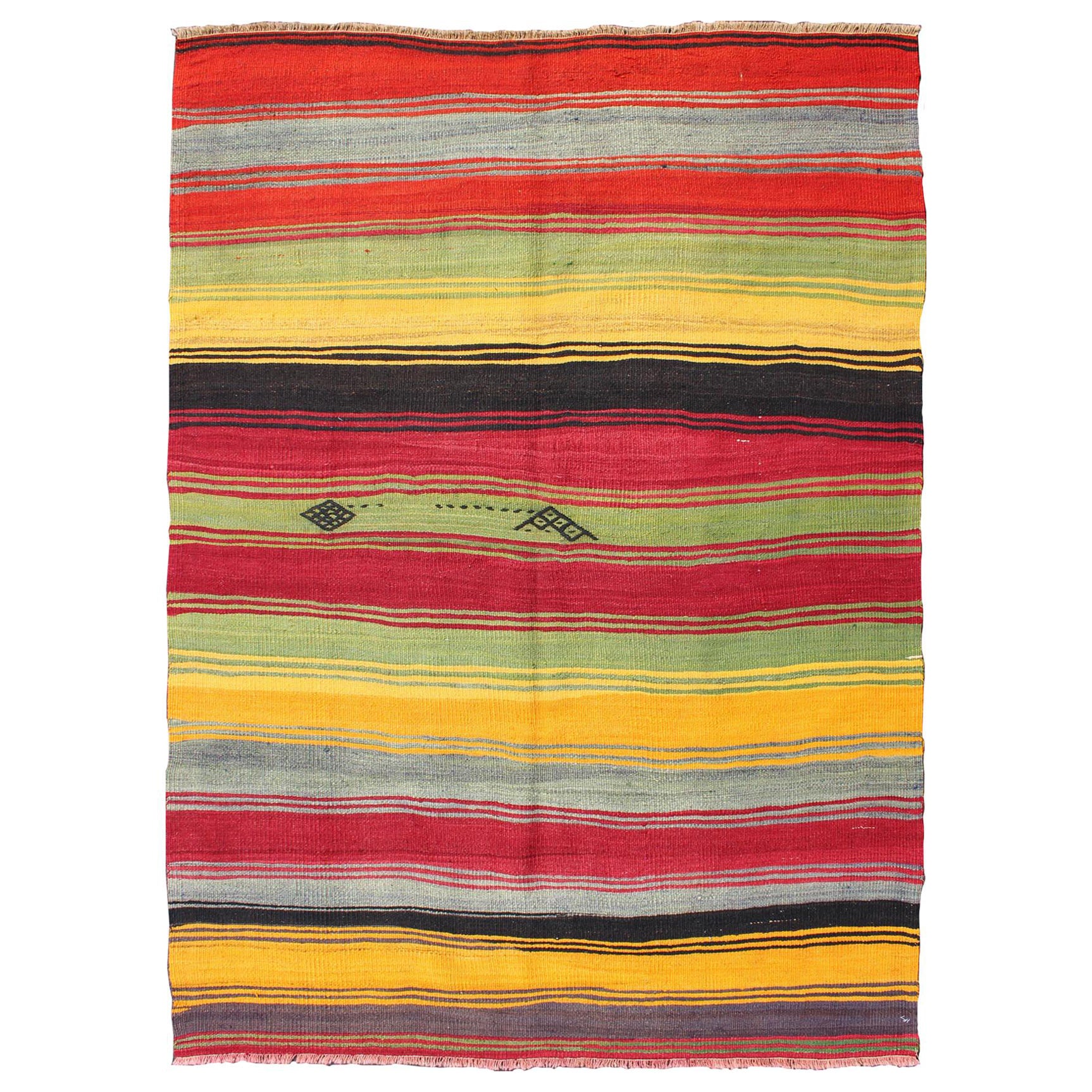 Bright & Colorful Vintage Turkish Kilim Rug in Stripes Design with Vivid Colors