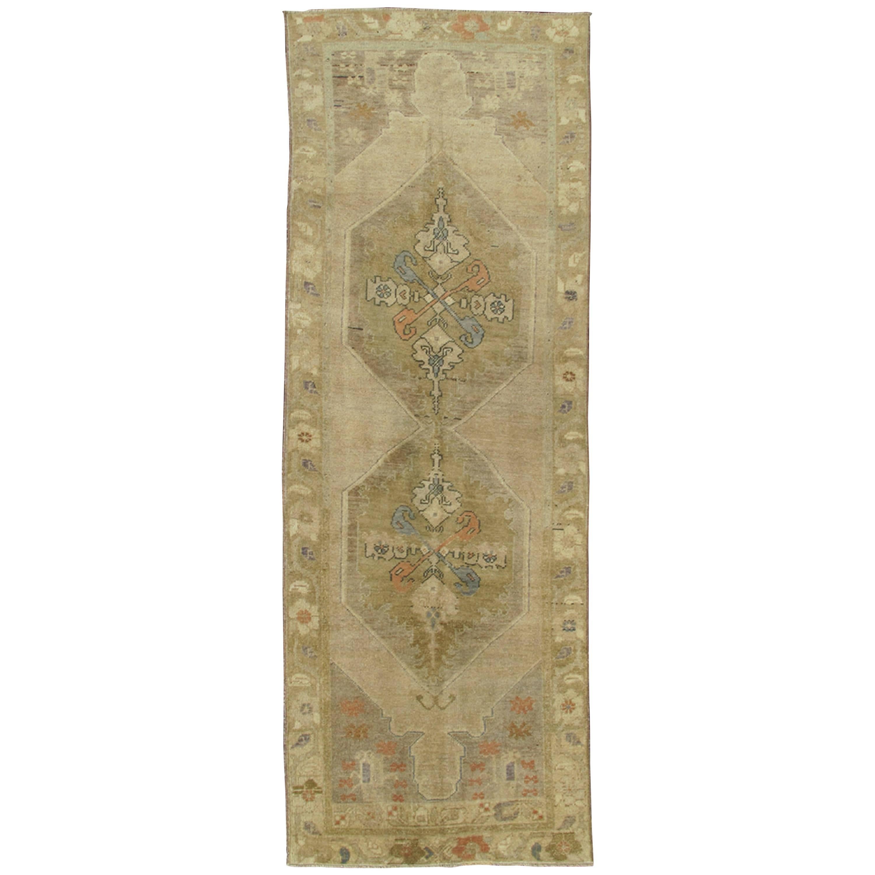 Vintage Turkish Oushak Runner with Dual Medallions and Faint Red & Blue Accents